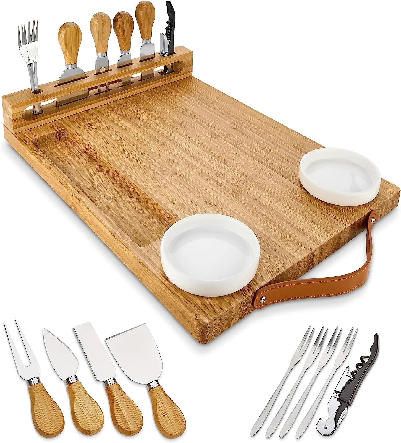 Bamboo Cheese Board with Knife Set, Wine Opener, Ceramic Bowls & Forks J873390