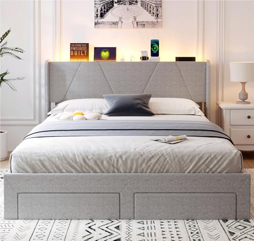 Queen Bed Frame with Storage Headboard & 4 Drawers, LED Upholstered, Light Grey Y2049