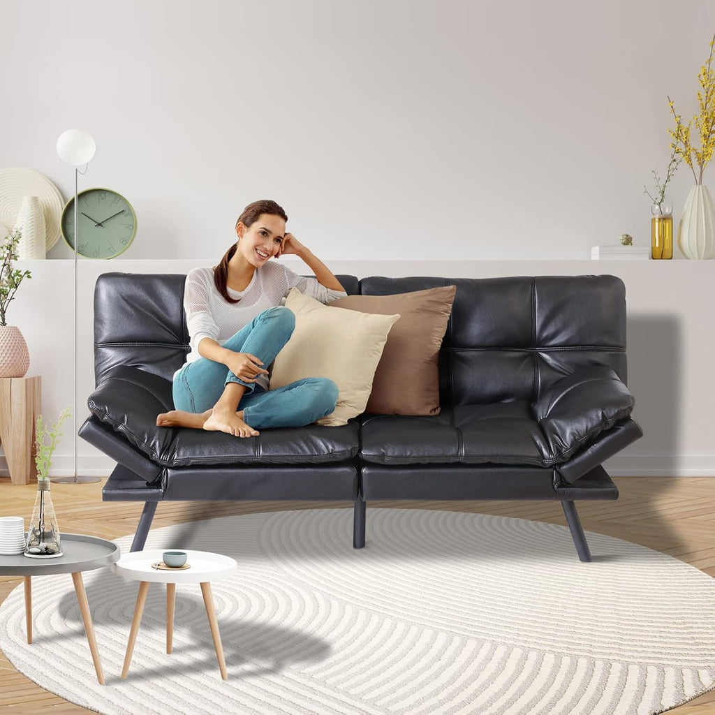 Black Faux Leather Memory Foam Convertible Futon Sofa Bed J53162