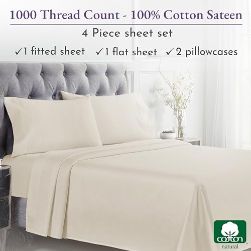 1000 Thread Count Queen Size 4 Pc 100% Cotton Sateen Bed Sheets (White) Y688749