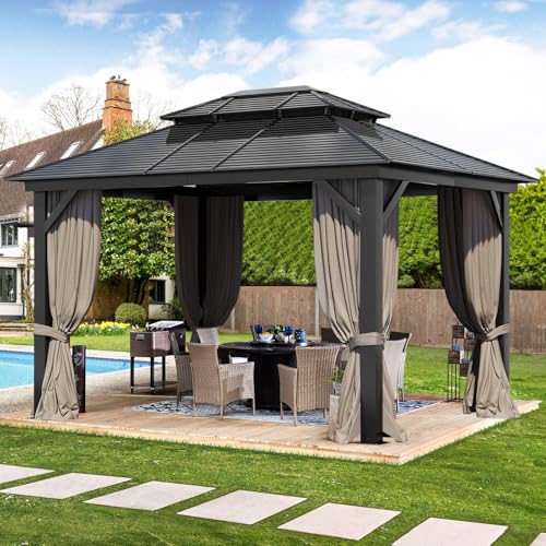 Hardtop Gazebo 10x12FT, Heavy Duty Metal Pavilion with 4.92'' Square Pillar, Aluminum Wood Grain Outdoor Gazebos Double Roof, Patio Gazebo with Curtain & Netting T734474