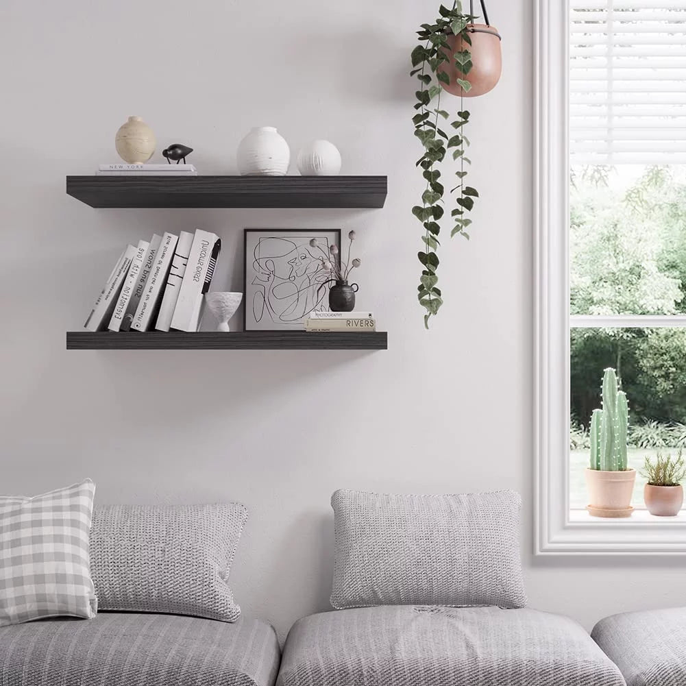 Walnut Wooden Floating Wall Shelf 36 in W x 12.75 in D x 2 in H Set of 2 Q6561