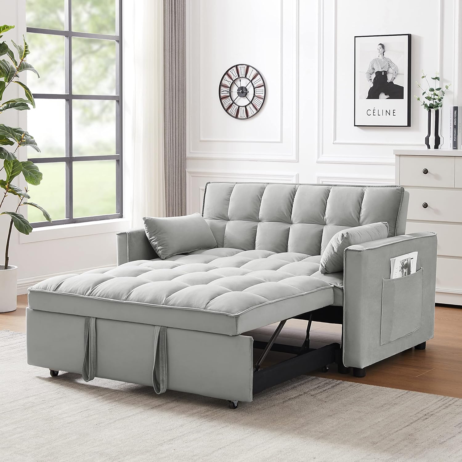 Gray Velvet Loveseat Sofa with Pullout Bed Q30708