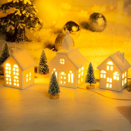 7PCS Christmas Village Sets - 3 LED Lighted Ceramic White Christmas Village Houses with Remote & 4 Trees W538