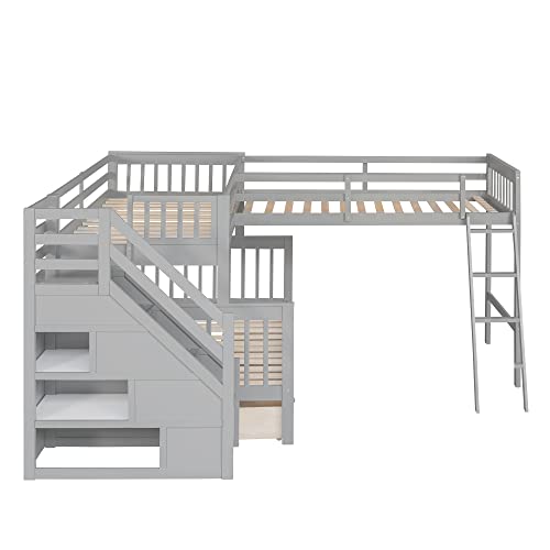 Gray Wooden Triple Bunk Bed with Storage Drawers J157060