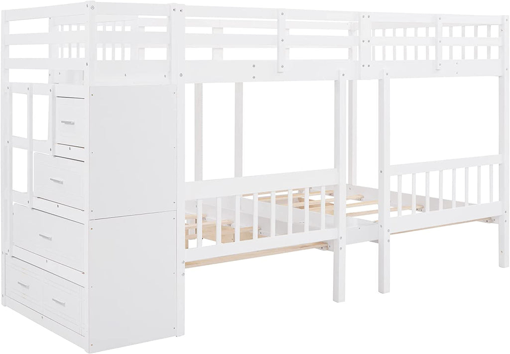 White Wood Triple Bunk Bed with Drawers and Guardrails R31357