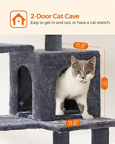 Light Gray 61-Inch Cat Tree with 5 Scratching Posts, 2 Perches, 2 Caves, Hammock L826