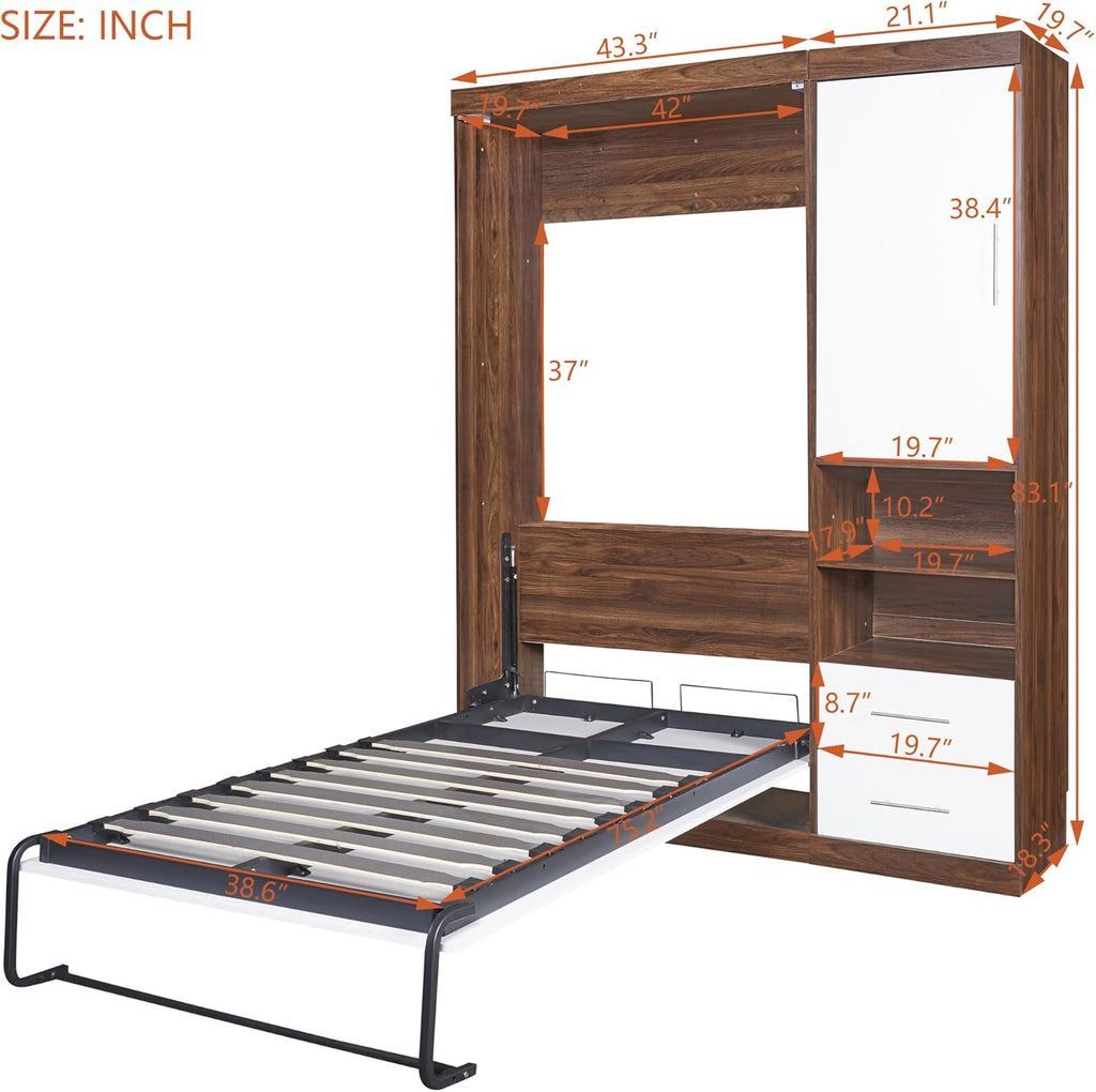 White Twin Size Wooden Murphy Wall Bed with Cabinet and Storage Drawers E838