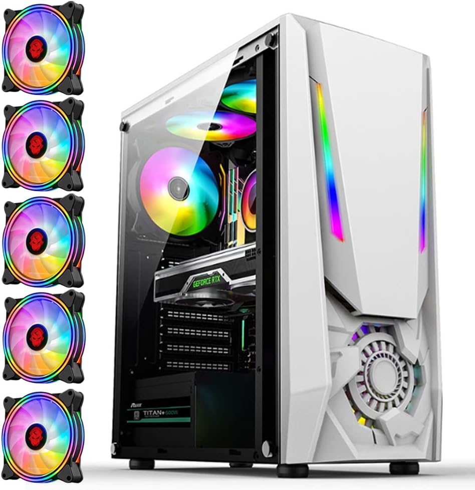 Mid Tower Desktop PC Computer Case with 5pcs 120mm ARGB Fans White Q96201