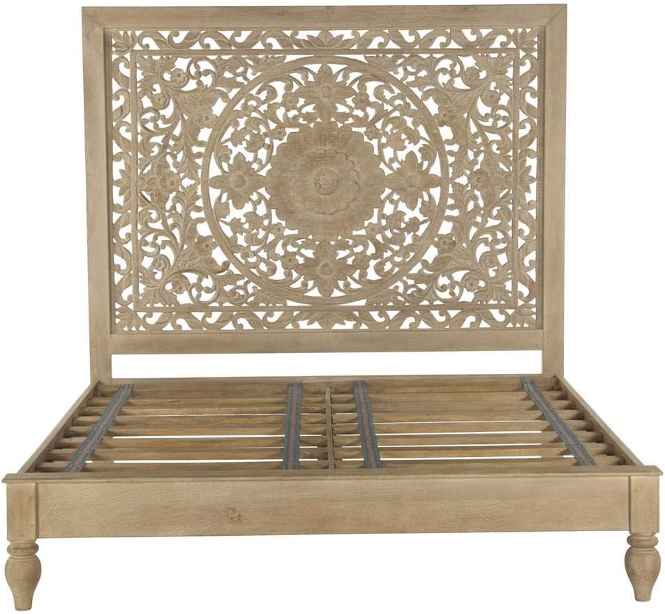 Mango Wood Queen Bed in Brown/Whitewash O437473