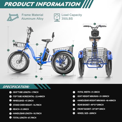 20" x 4" Fat Tire 48V 500W 3 Wheels 7 Speed Electric Tricycle with Removable Battery F631