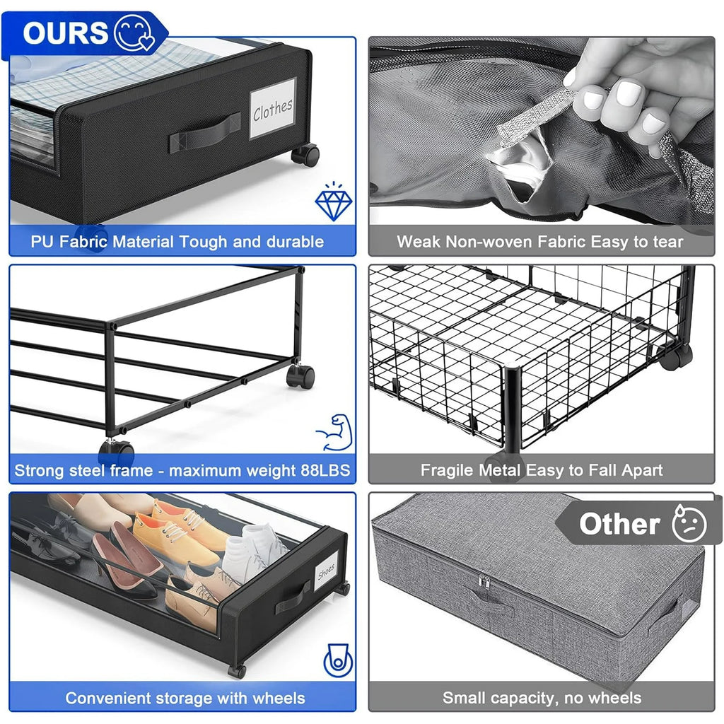 2-Pack Black Under Bed Storage Bins with Wheels and Clear Lids Y1952