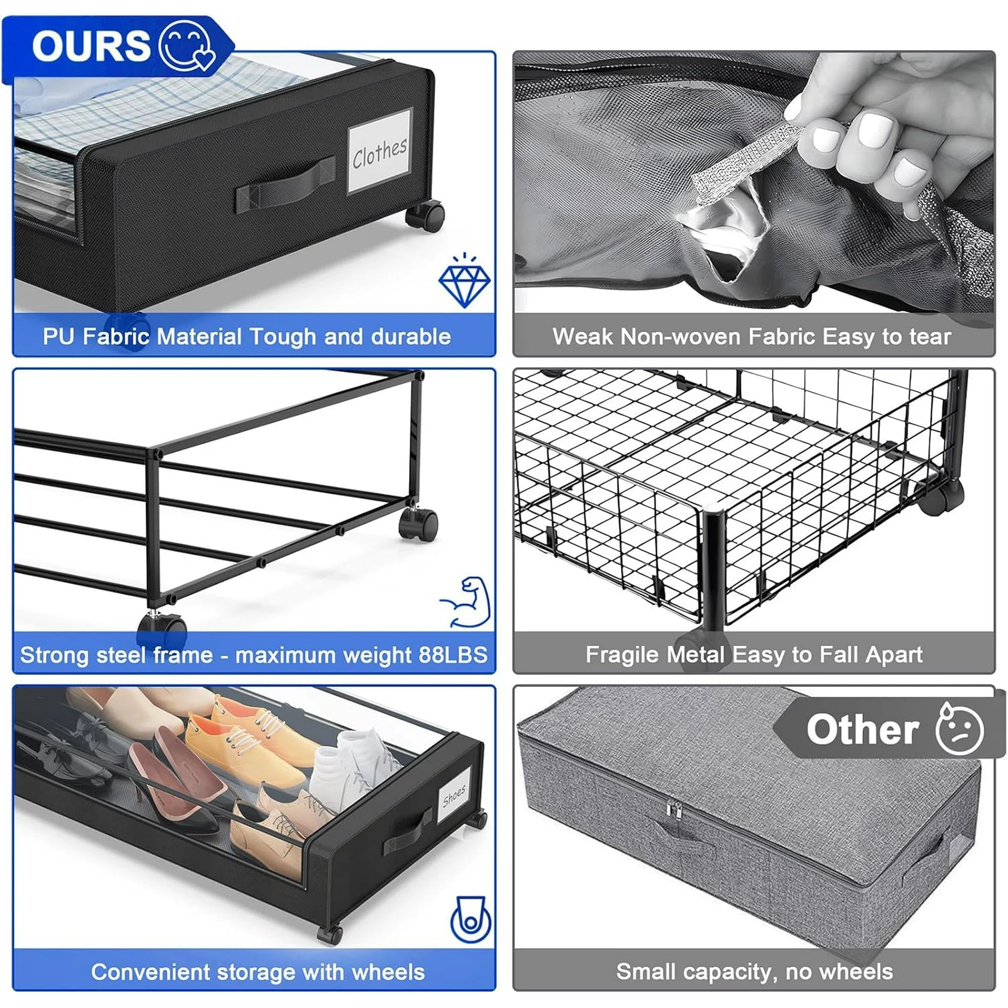 2-Pack Black Under Bed Storage Bins with Wheels and Clear Lids Y1952