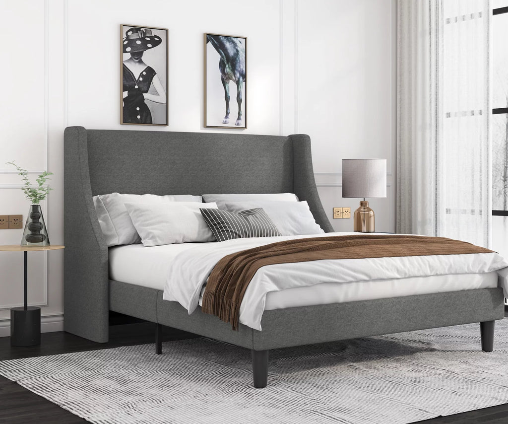 Full Size Fabric Upholstered Platform Bed Frame with Wingback Headboard, Light Grey X859