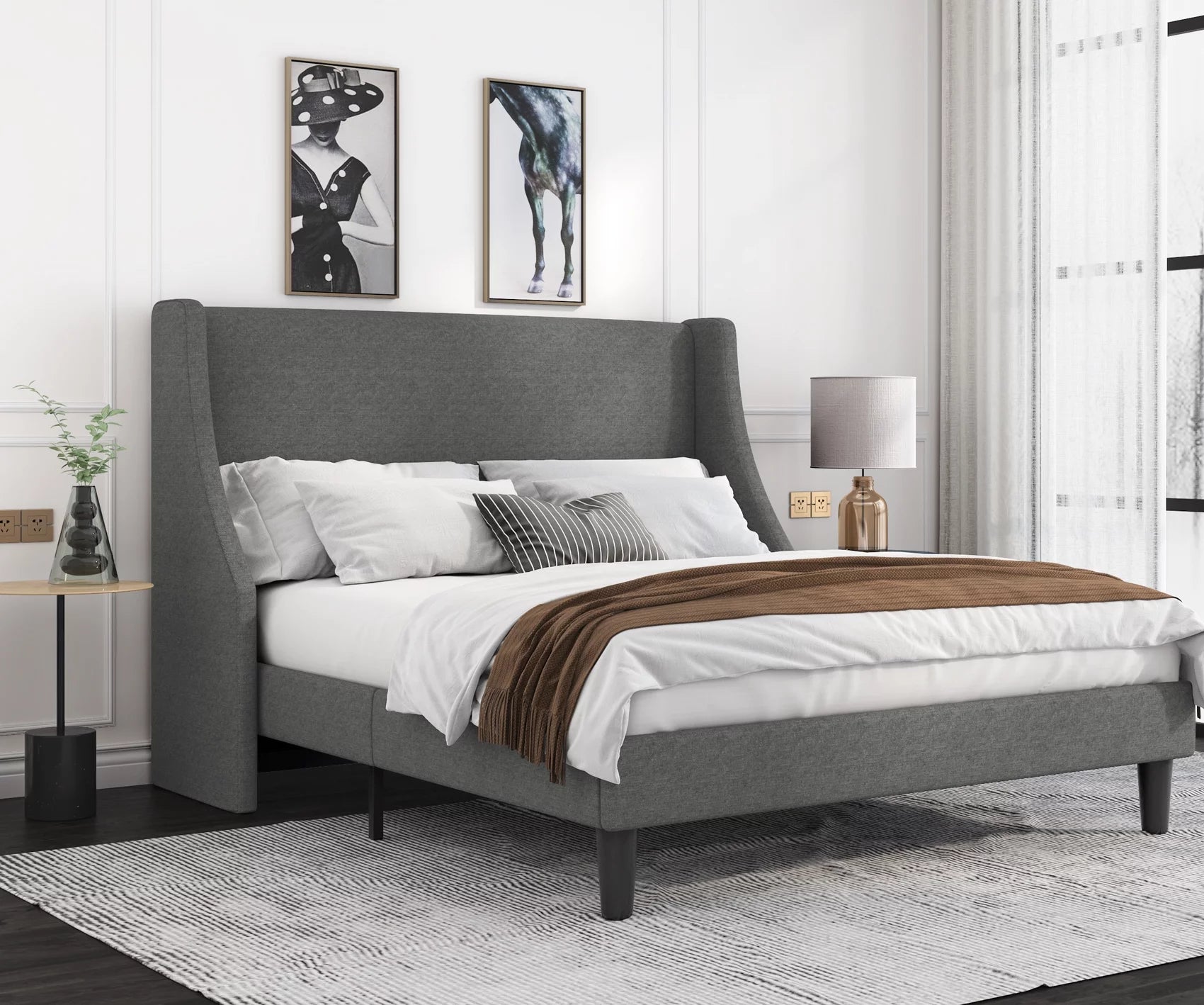 Full Size Fabric Upholstered Platform Bed Frame with Wingback Headboard, Light Grey X859
