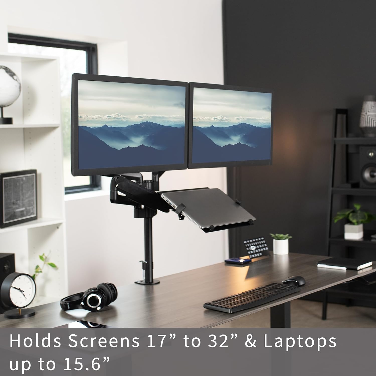 Black Pneumatic Arm Mount for Laptop and Dual 17 to 32 Inch Monitors M527