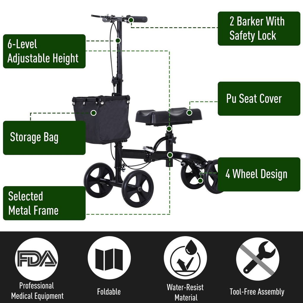Black Foldable Knee Walker Scooter with Basket N58354