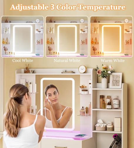White 43" Vanity Desk with Mirror and LED Lights, Glass Top, Wireless Charging, RGB Drawers, 3 Colors Light, Power Outlet N86268