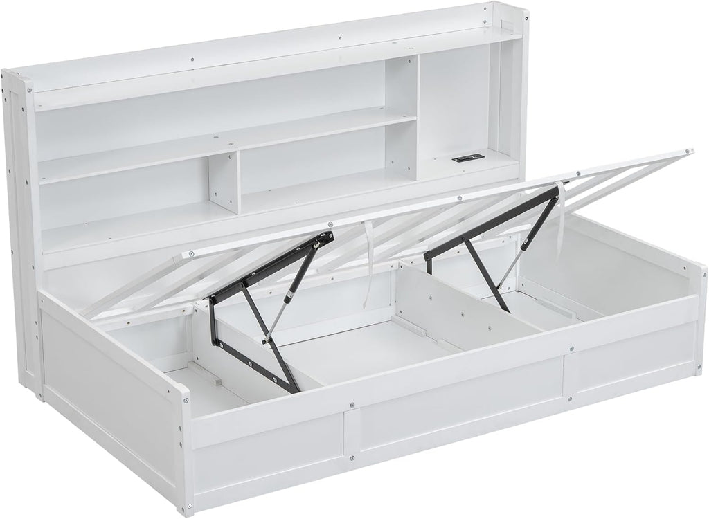 White Twin Size Daybed with Storage Bookcases and USB Charging Station K198