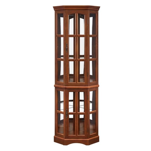 Oak Corner Curio Display Cabinet with 5 Shelves and Lighting System, Tempered Glass Doors O3623