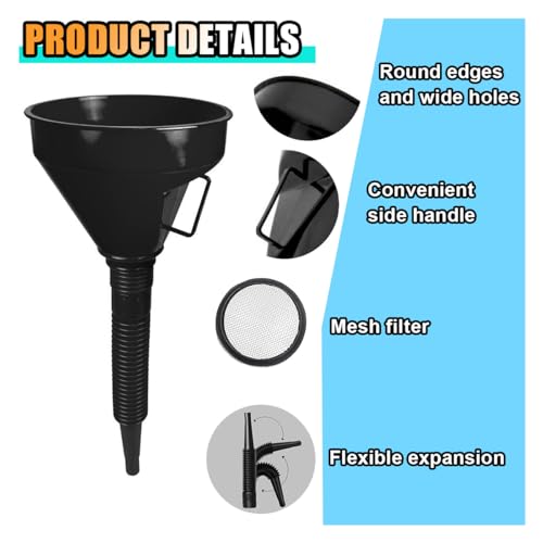 Wide Mouth Plastic Oil Funnel with Flexible Extension Nozzle and Mesh Screen Filter V6617