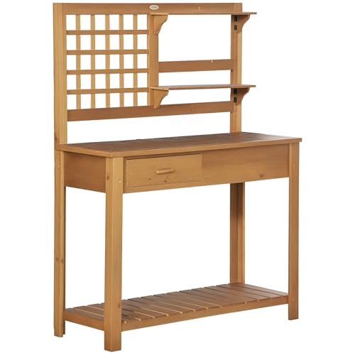 Brown Wooden Potting Bench Table with Shelves and Drawer H6819