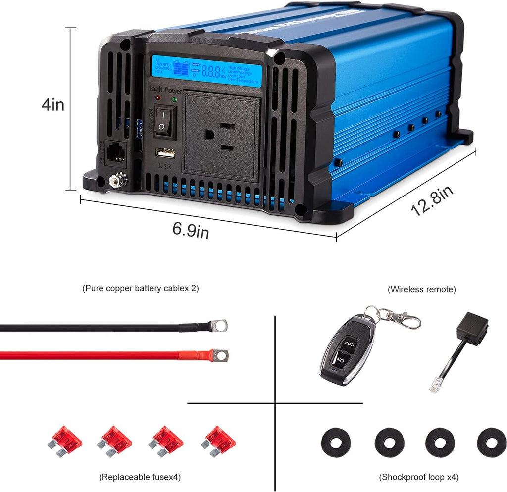 1000 watt Pure Sine Wave Power Inverter 12V to 110V DC to AC with Remote Controller Y79041