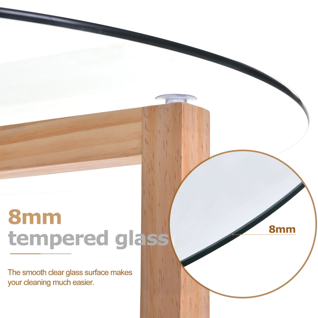 Round Glass Coffee Table with Tempered Glass Top & Wood Base F4419