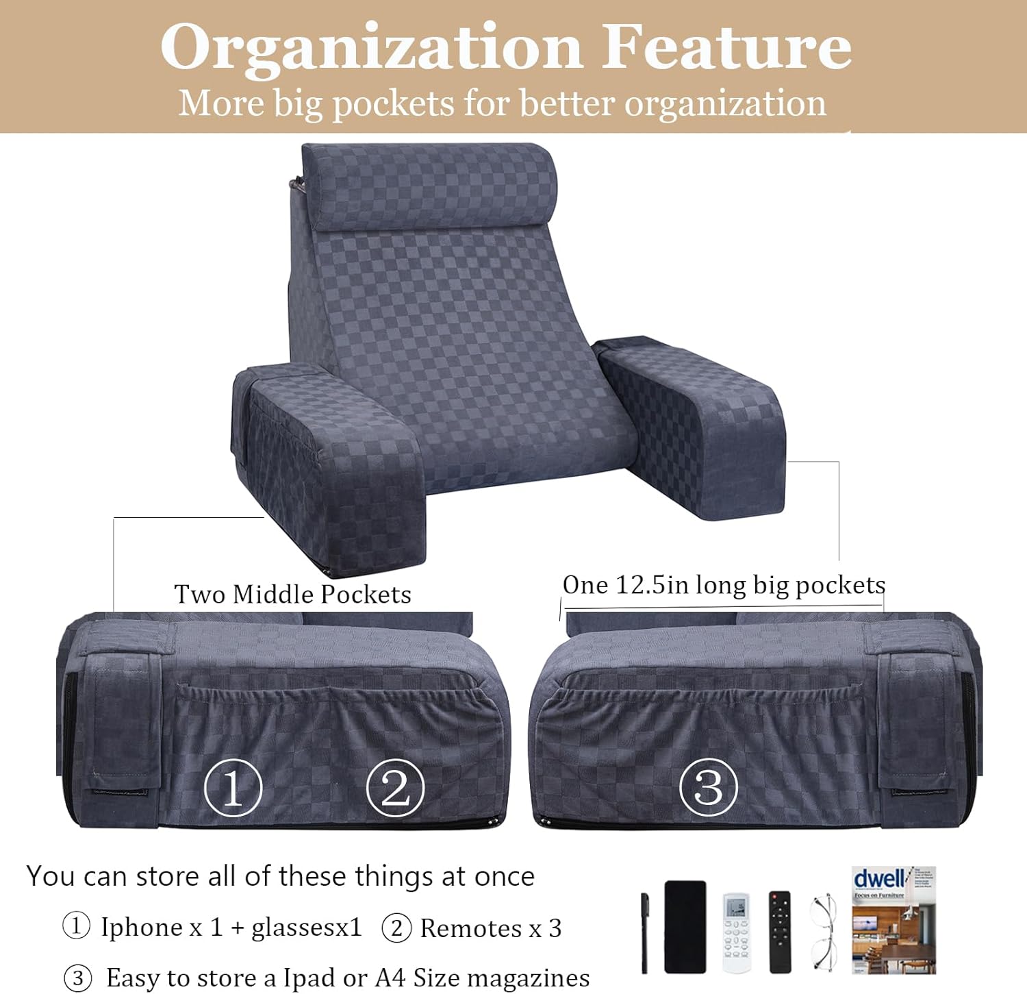 Dark Grey Back Rest Pillow with Arms Rest F630