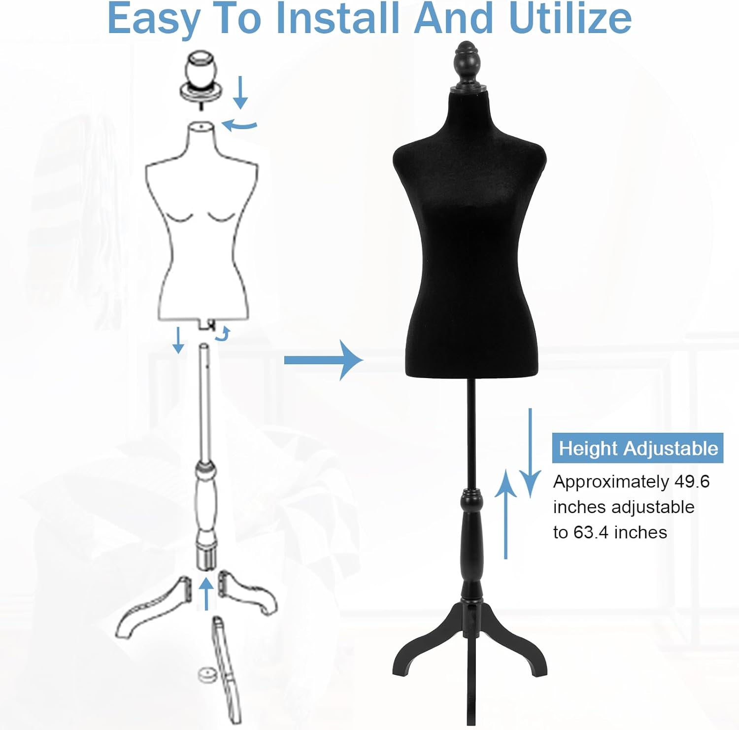 Black Adjustable Dress Form Mannequin with Tripod Base Stand Q585798