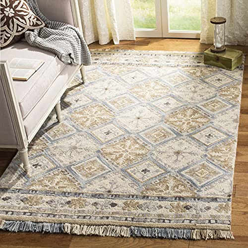 Beige Light Blue Handmade Fringe Wool Runner Rug W21641