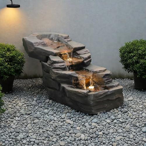 37" 5-Tiers Rock Natural Waterfall Outdoor Fountain with LED Lights K8812