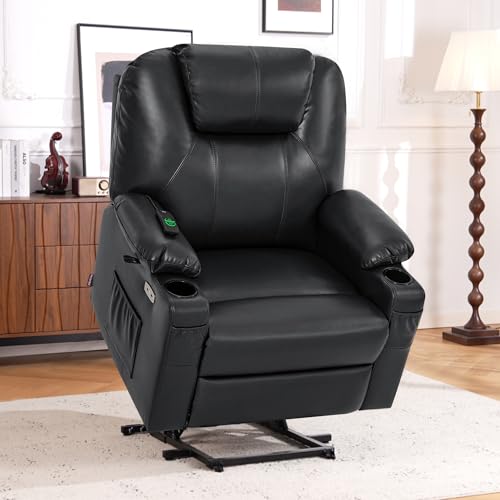 Power Lift Recliner Chair with Heat and Massage, Faux Leather (Black, Medium) L57703