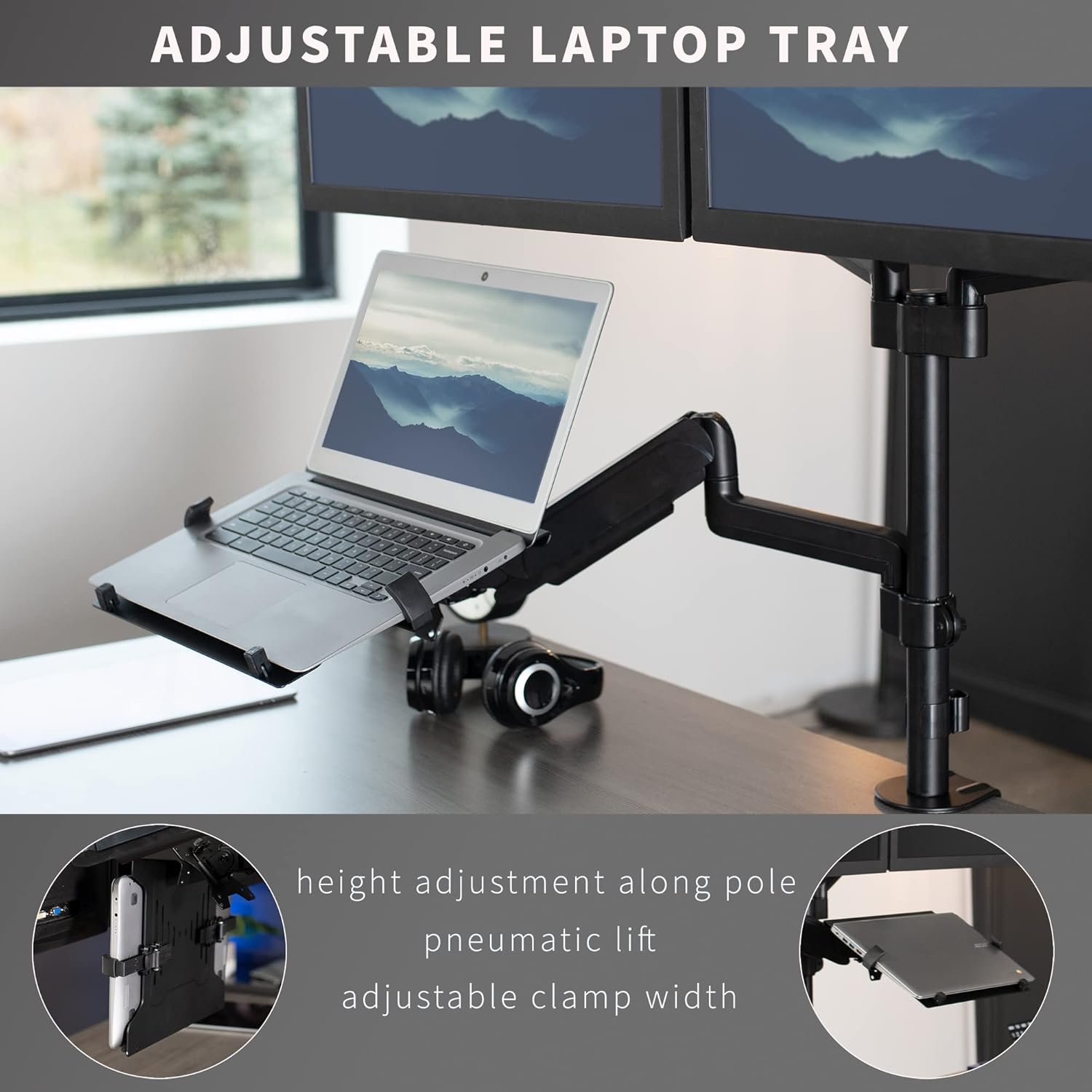 Black Pneumatic Arm Mount for Laptop and Dual 17 to 32 Inch Monitors M527