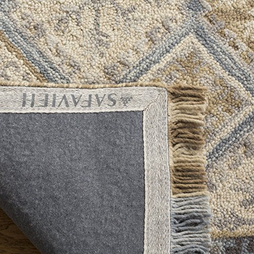 Beige Light Blue Handmade Fringe Wool Runner Rug W21641
