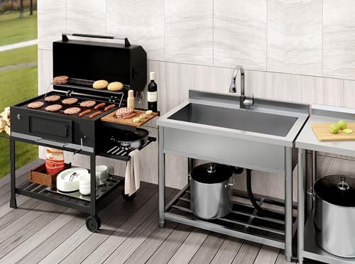 Stainless Steel Single Bowl Freestanding Utility Sink with Pull-Out Faucet, W35.4" x D22.4" x H37" C217