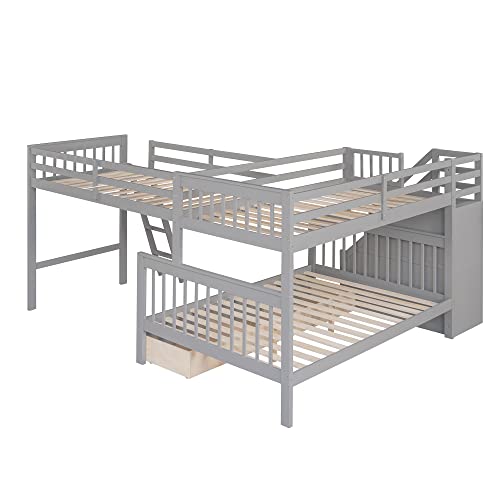 Gray Wooden Triple Bunk Bed with Storage Drawers J157060