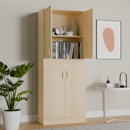 71" Tall 4 Doors Wood Freestanding Cupboard with Sliding Drawer and 2 Adjustable Shelves, Oak A42569