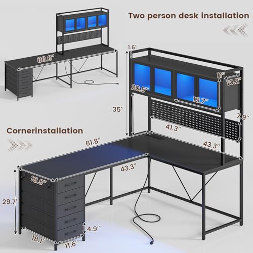 Rustic Brown L Shaped Gaming Desk with Drawers, Hutch, Storage Shelves, Pegboard, Led Lights, and Power Outlet K519434