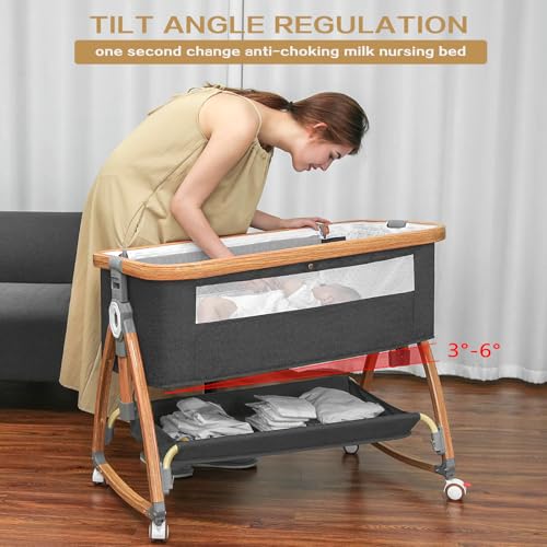 Bedside Bassinet with Wheels and Storage Basket Q252