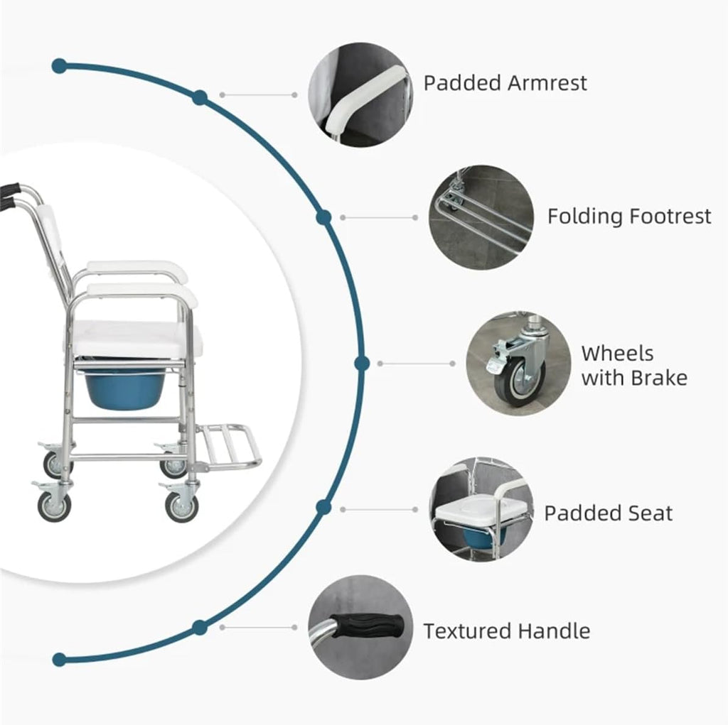 White Rolling Shower Wheelchair with Commode, 4 Lockable Wheels F7335