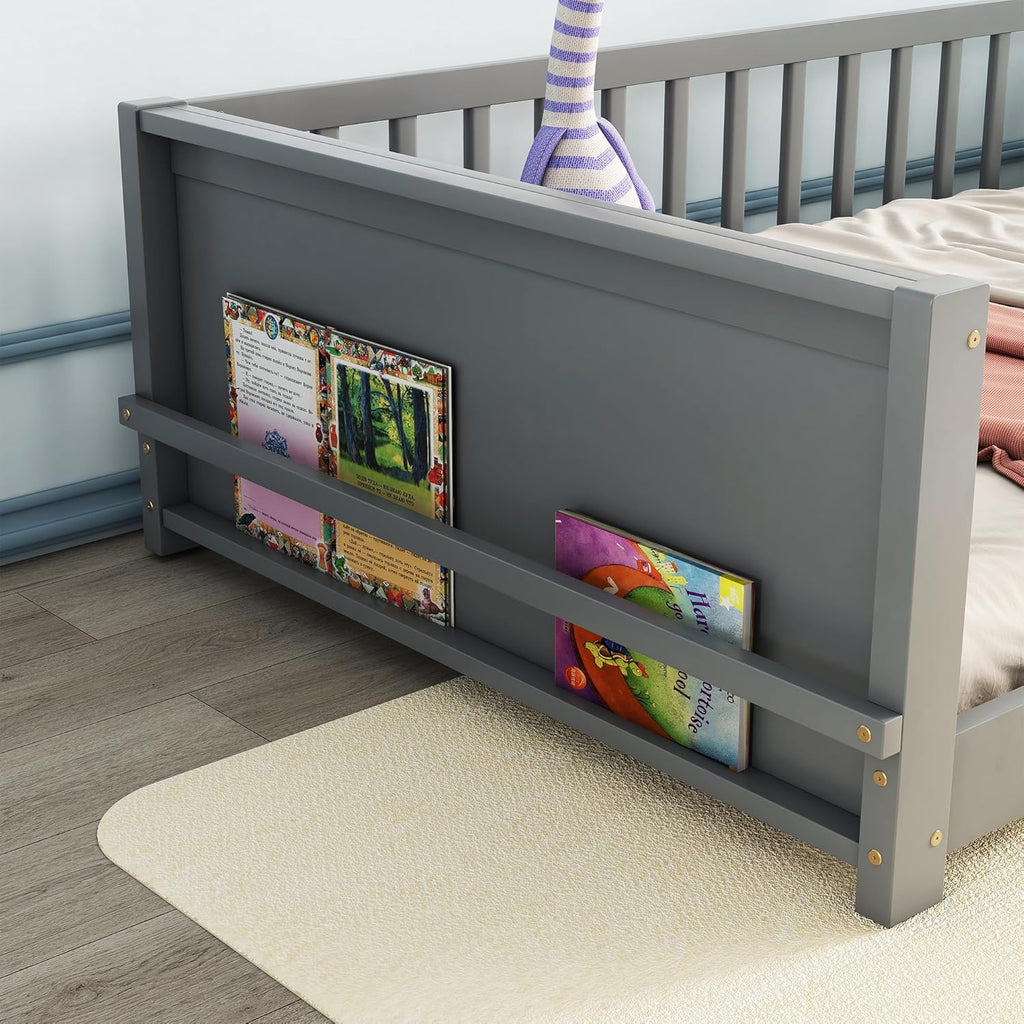 Twin Size Solid Pine Wood Floor Bed Frame with Safety Guardrails and Slats (Grey) P914