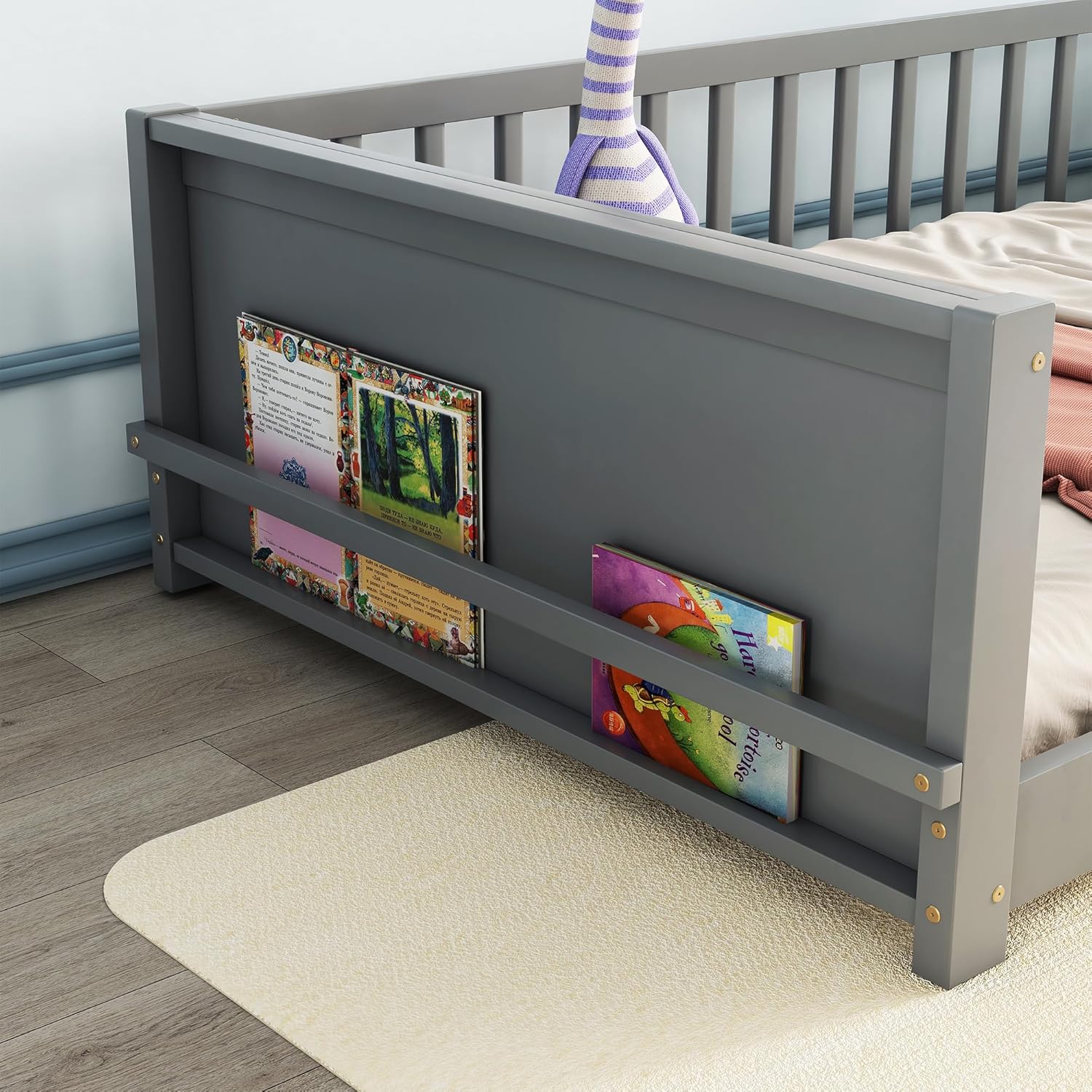 Twin Size Solid Pine Wood Floor Bed Frame with Safety Guardrails and Slats (Grey) P914