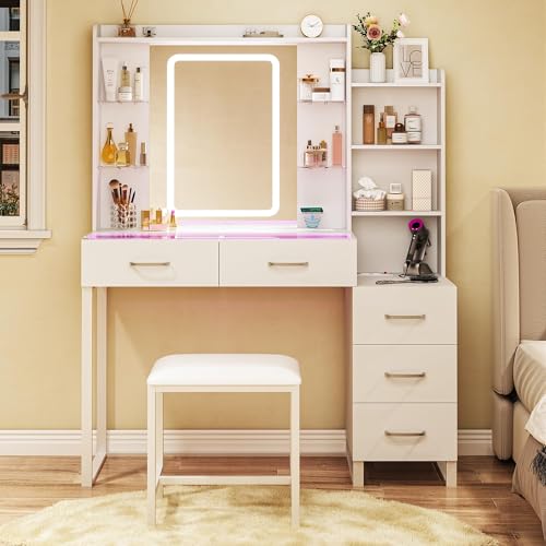 White 43" Vanity Desk with Mirror and LED Lights, Glass Top, Wireless Charging, RGB Drawers, 3 Colors Light, Power Outlet N86268