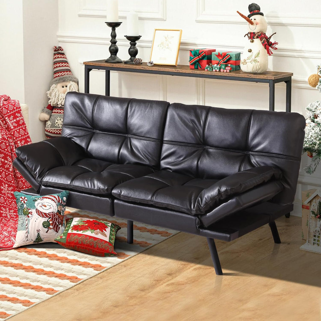 Black Faux Leather Memory Foam Convertible Futon Sofa Bed J53162