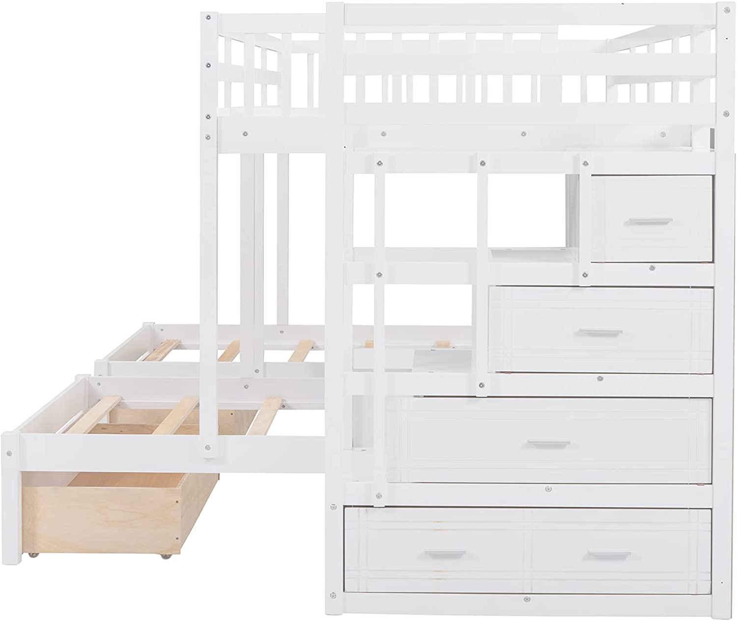 White Wood Triple Bunk Bed with Drawers and Guardrails R31357