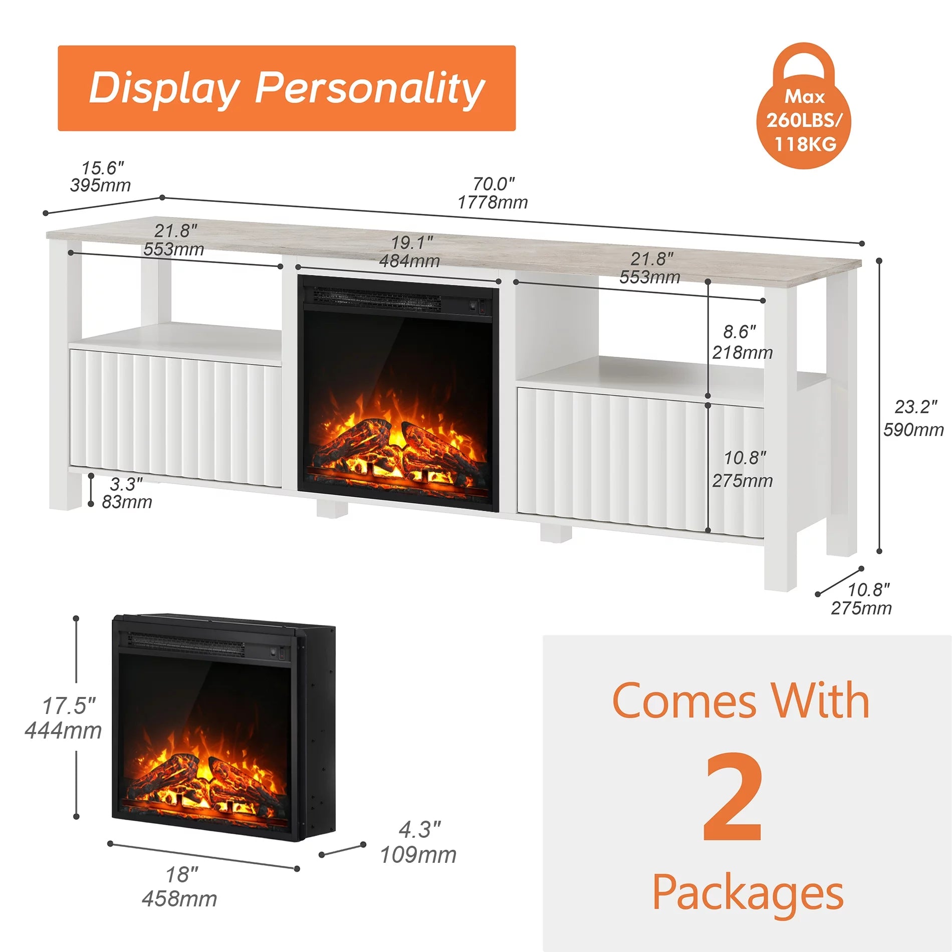 White 70 inch Wood Electric Fireplace TV Stand M454430