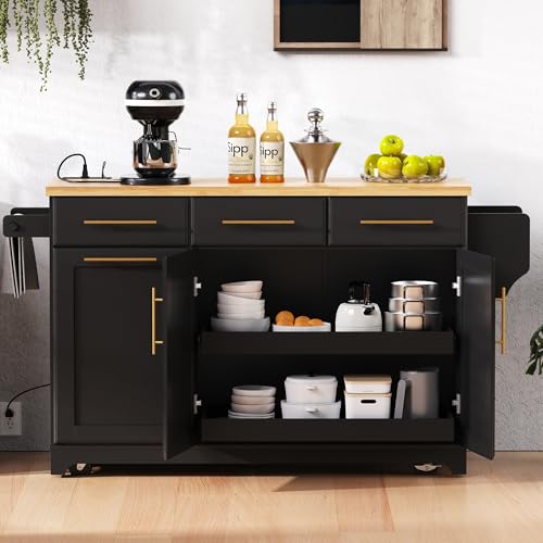 Black Farmhouse Kitchen Island with Drop Leaf, Barn Door, 3 Drawers, Adjustable Shelf, Spice Rack, 56" D474