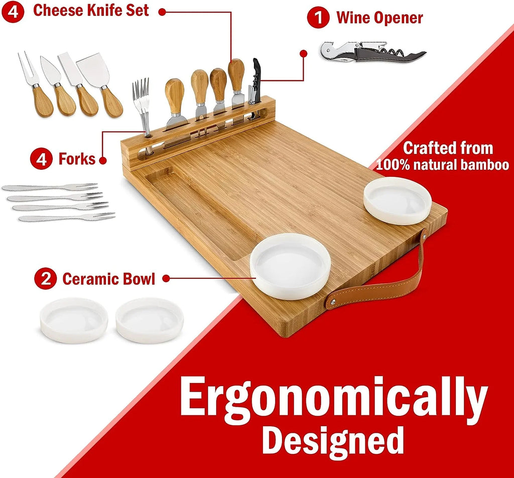 Bamboo Cheese Board with Knife Set, Wine Opener, Ceramic Bowls & Forks J873390
