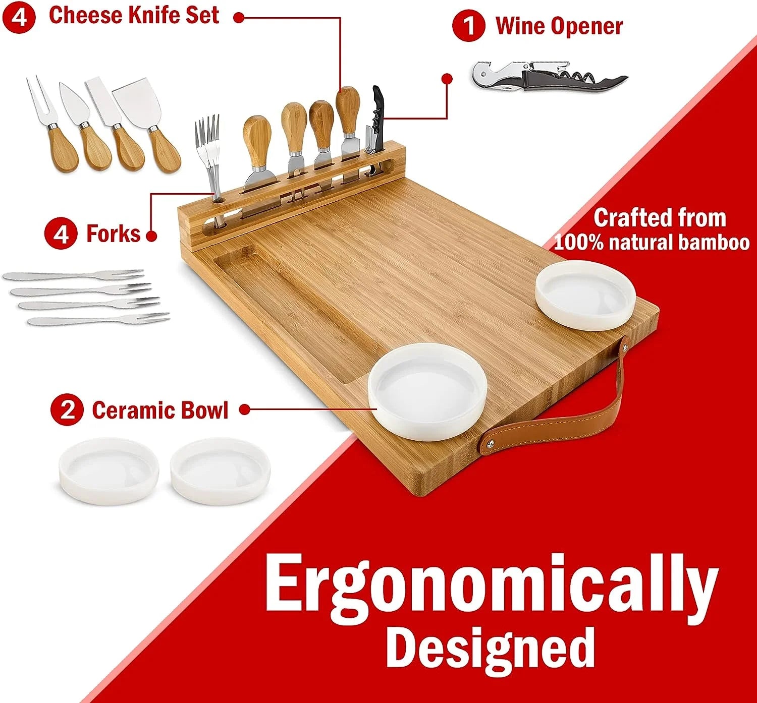Bamboo Cheese Board with Knife Set, Wine Opener, Ceramic Bowls & Forks J873390